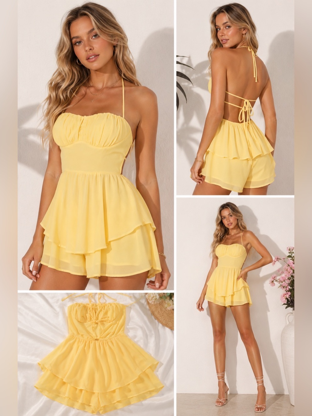 SHEIN Yellow Halter Ruffle Romper | NWT | Size Medium Summer Cottagecore Boho - Picture 6 of 6